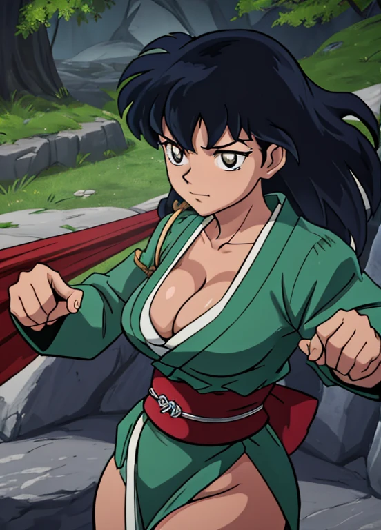 masterpiece, best quality, Kagome Higurashi, 25 years old, matured face, beautiful detailed eyes, ultra detailed eyes, extremely detailed face, large breasts, cleavage, very busty, big hips, strong muscles, athletic physique, She stands tall while wearing a short green kimono. she's looking directly at the camera with an confident smirk. Her gaze is both alluring and fierce as she is in a fighting stance. cowboy shot, Perfect Anatomy,(Professional Lighting), 4k textures, epic artistic, sharp focus, even lighting, insane details, intricate details, hyperdetailed, rich colors, BREAK Outdoors, forest, Japanese architecture in the background