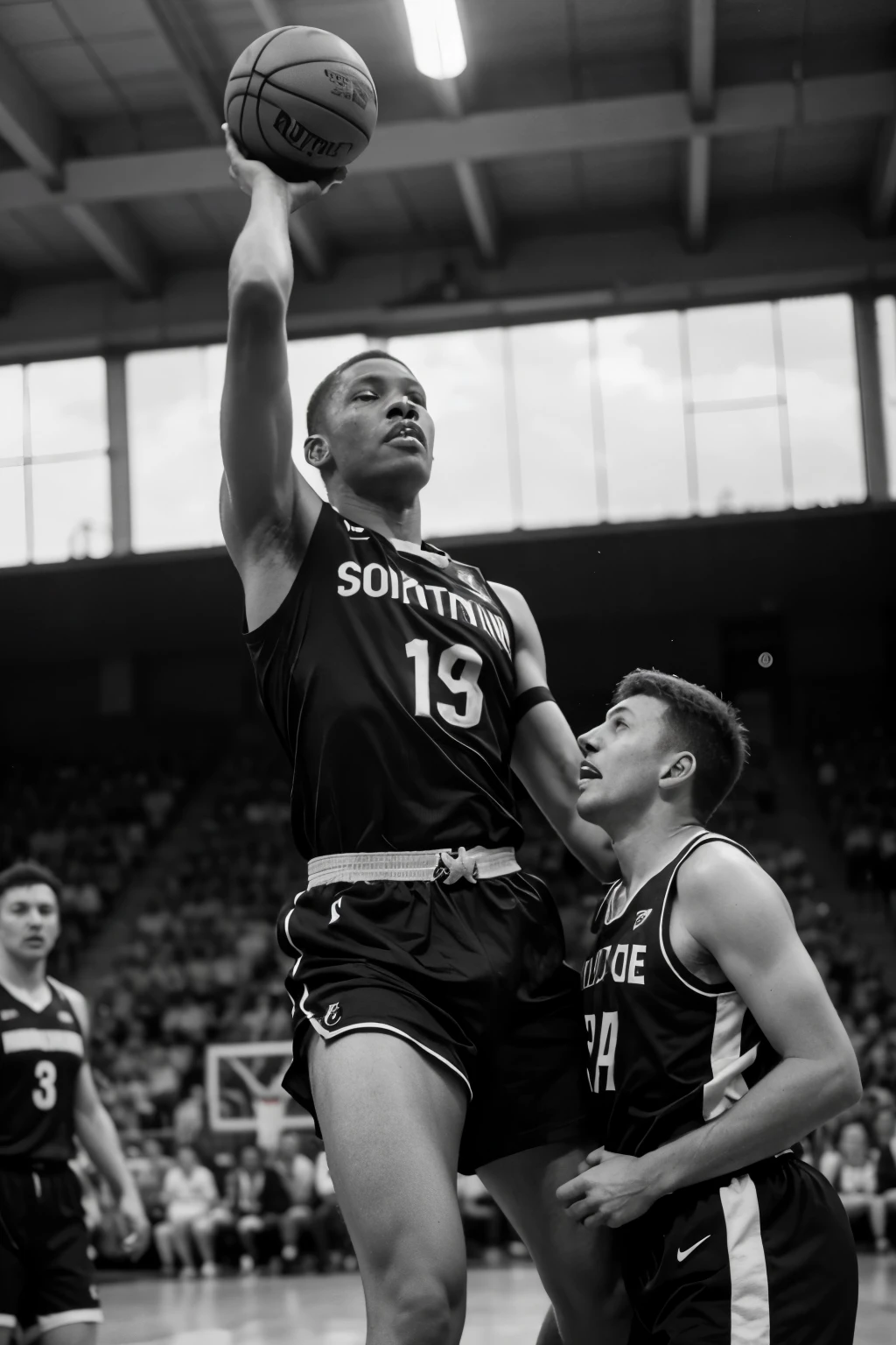 Tall black basketball player from South Africa in 1945 playing against Germany with Hitler in the background and the entire German army celebrating the defeat of Africa