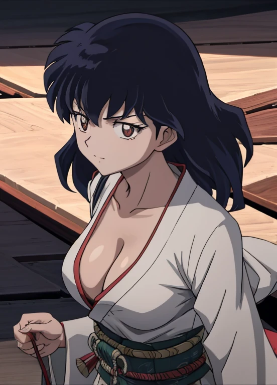 masterpiece, best quality, Kagome Higurashi, 25 years old, matured face, beautiful detailed eyes, ultra detailed eyes, extremely detailed face, large breasts, cleavage, very busty, big hips, strong muscles, athletic physique, She stands tall while wearing a short green kimono. she's looking directly at the camera with an confident smirk. Her gaze is both alluring and fierce as she is in a fighting stance. cowboy shot, Perfect Anatomy,(Professional Lighting), 4k textures, epic artistic, sharp focus, even lighting, insane details, intricate details, hyperdetailed, rich colors, BREAK Outdoors, forest, Japanese architecture in the background