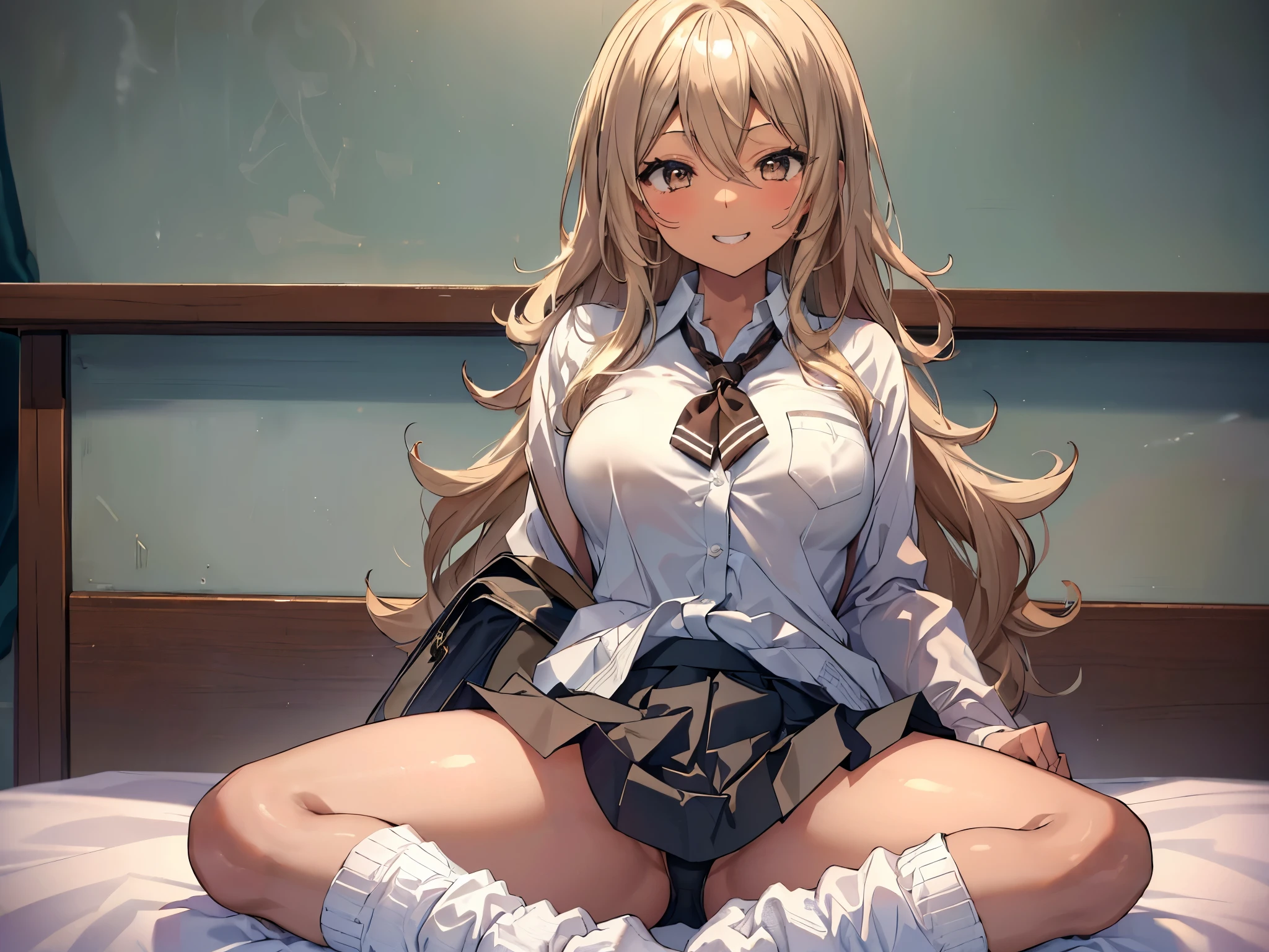 ((masterpiece、highest quality、Super detailed))、One girl、((Brown skin:1.3))、kogal gyaru、Blonde、Long Hair Wavy Hair、Grey Eyes、evil smile、((Grin))、Moderate breasts、((White collared shirt))、((Black pleated skirt))、((baggy socks))、sitting, knees up、spread legs、Sit on the bed、Classroom Background