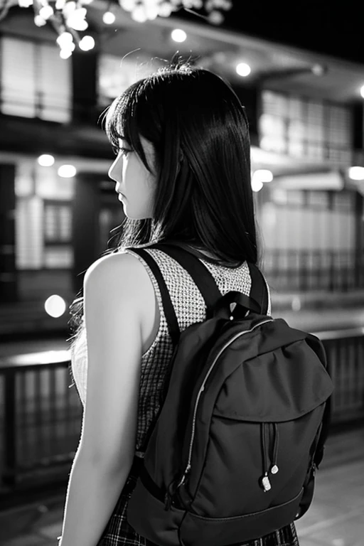 Black and white photography high school girl Back view Sad Cherry Blossoms at Night