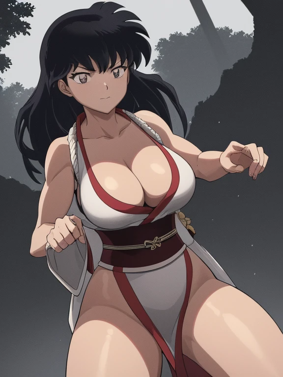 masterpiece, best quality, Kagome Higurashi, 25 years old, matured face, beautiful detailed eyes, ultra detailed eyes, extremely detailed face, large breasts, cleavage, very busty, big hips, strong muscles, athletic physique, She stands tall while wearing a short green kimono. she's looking directly at the camera with an confident smirk. Her gaze is both alluring and fierce as she is in a fighting stance. cowboy shot, Perfect Anatomy,(Professional Lighting), 4k textures, epic artistic, sharp focus, even lighting, insane details, intricate details, hyperdetailed, rich colors, BREAK Outdoors, forest, Japanese architecture in the background
