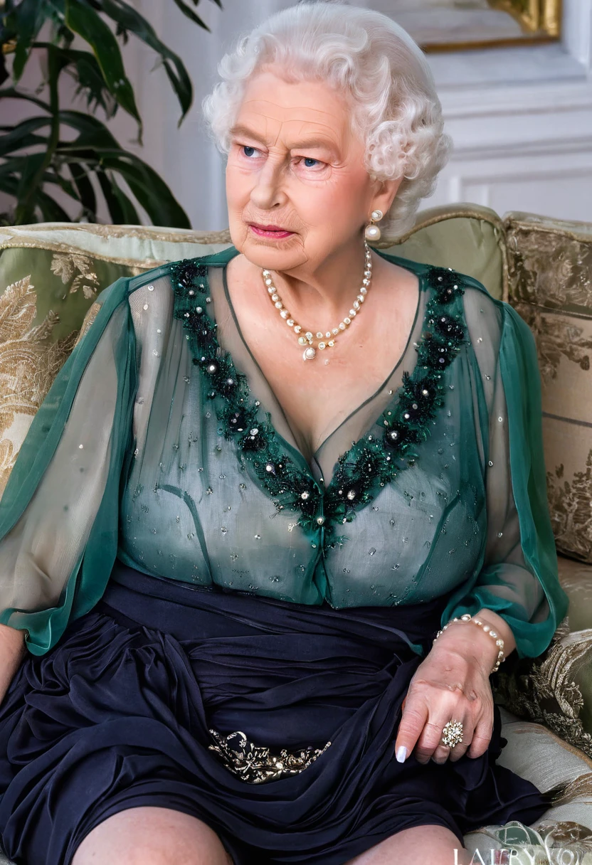 (busty breast), (queen elizabeth 80yo sitting on sofa) (chiffon sheer green blouse and black skirt:1.3), cleavage, pearls