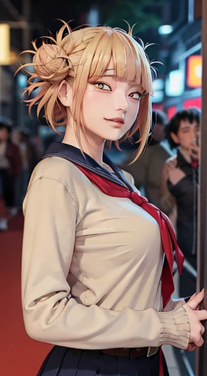 chisatonishikigi, nishikigi chisato, short hair, bangs, blonde hair, (red eyes:1.5), hair band, one side up, bob cut, BREAK shirt, long sleeve, dress, ribbon, white shirt, collared shirt, belt, neck ribbon, red dress, blue ribbon, pleated dress, gray dress, two color dress, red belt, lycoris uniform, (large breast ), BREAK outdoors, city, BREAK looks at the viewer, BREAK (masterpiece:1.2), best quality, high resolution, unity 8k wallpaper, (illustration:0.8), (beautiful detailed eyes:1.6), very detailed face, perfect lighting, very detailed CG, ( perfect hands, perfect anatomy), (close up:1.2), smile