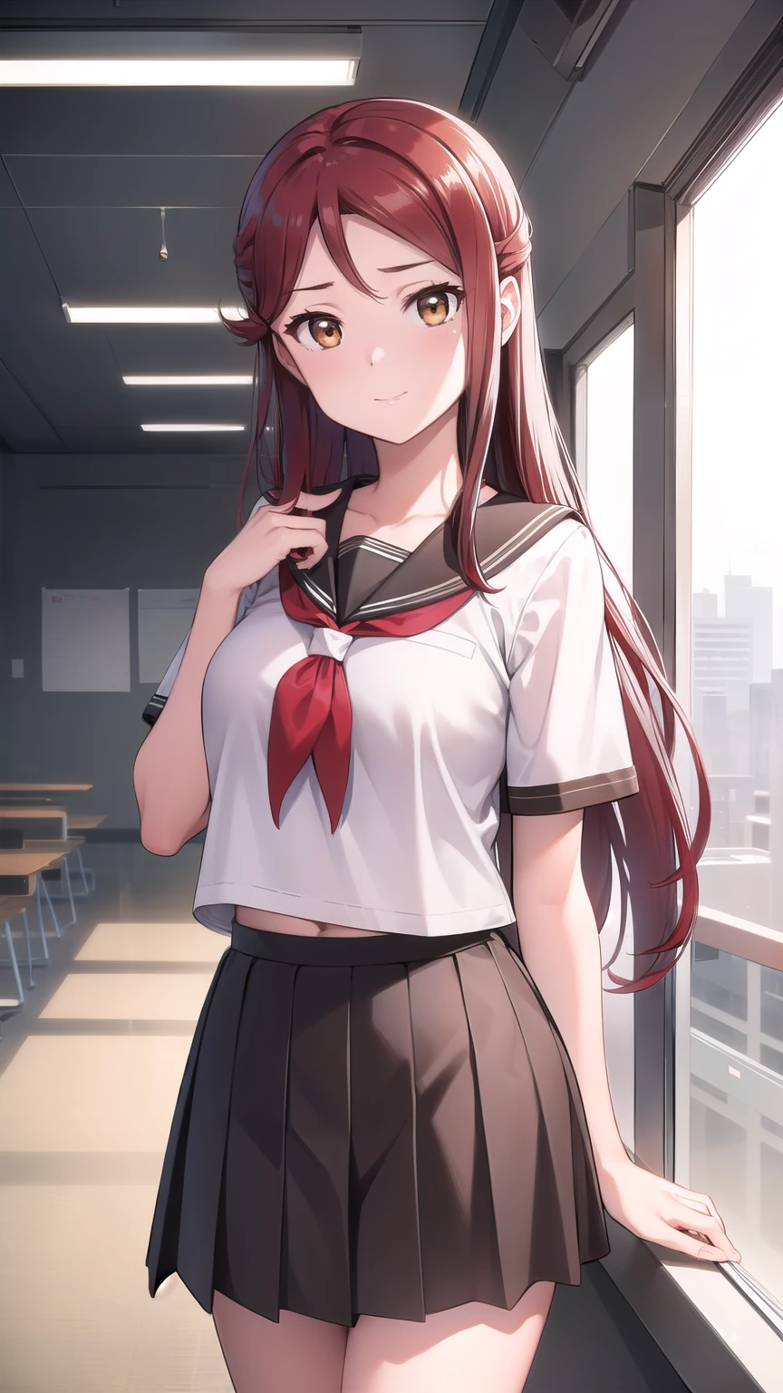 rikosakurauchi, riko sakurauchi, (brown eyes:1.5), hair between eyes, long hair, (red hair:1.5), (small breast:1.2), 
BREAK grey skirt, neckerchief, pleated skirt, red neckerchief, , serafuku, shirt, short sleeves, skirt, white shirt, uranohoshi ,
BREAK looking at viewer, 
BREAK indoors, classroom, 
BREAK (masterpiece:1.2), best quality, high resolution, unity 8k wallpaper, (illustration:0.8), (beautiful detailed eyes:1.6), extremely detailed face, perfect lighting, extremely detailed CG, (perfect hands, perfect anatomy),