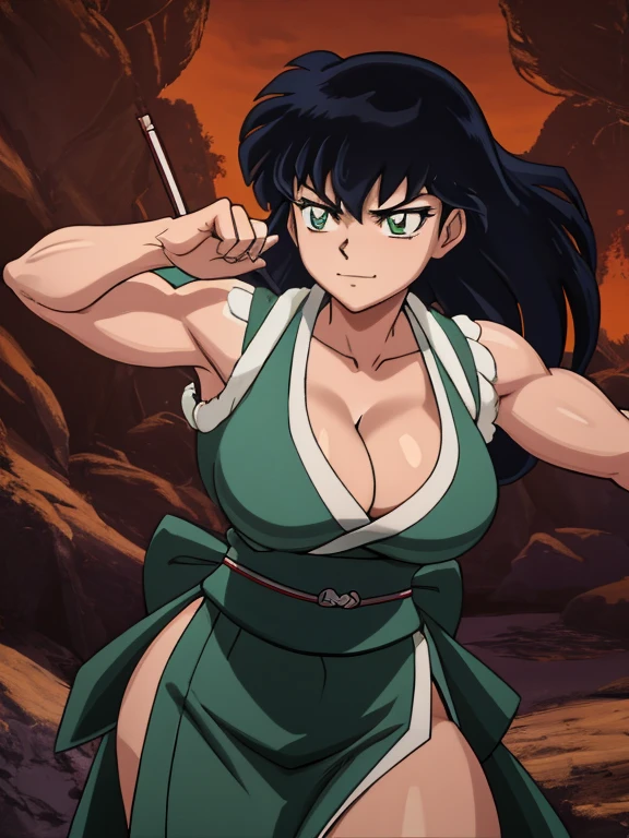 masterpiece, best quality, Kagome Higurashi, 25 years old, matured face, beautiful detailed eyes, ultra detailed eyes, extremely detailed face, large breasts, cleavage, very busty, big hips, strong muscles, athletic physique, She stands tall while wearing a short green kimono. she's looking directly at the camera with an confident smirk. Her gaze is both alluring and fierce as she is in a fighting stance. cowboy shot, Perfect Anatomy,(Professional Lighting), 4k textures, epic artistic, sharp focus, even lighting, insane details, intricate details, hyperdetailed, rich colors, BREAK Outdoors, forest, Japanese architecture in the background