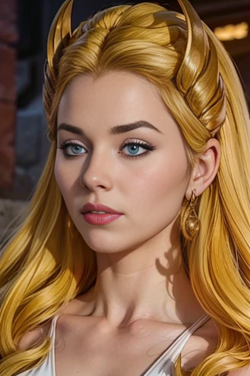 score_9, score_8_up, score_7_up, score_6_up, score_5_up, 1girl, She-Ra, Game of Thrones, tight white dress, cleavage, blonde hair, blue eyes, (insanely detailed, beautiful detailed face, masterpiece, best quality) 