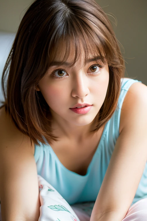 ((highest quality)), ((masterpiece)), (be familiar with), Perfect Face, masterpiece、highest quality、High resolution、wallpaper、Realistic、Bright lighting、Professional Lighting、Face Light、Smooth lighting、Japanese women、20th generation mid-plate、Super beautiful、Beautiful Skin、Beautiful and detailed、be familiar with顔、slim、moderately、short hair、Brunette colored hair、Brown eyes、Look at the camera、 (Best quality, 8K), Woman wearing light pink satin pajamas, voluptuous, sleepy and relaxed expression, upper body portrait, gentle morning light, bedroom background
