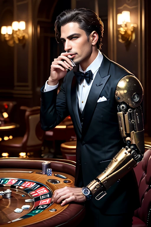 (elegant casino), (best quality, 4k, 8k, highres, masterpiece:1.2), ultra-detailed, (realistic, photorealistic, photo-realistic:1.37), glimmering lights, exquisite details, expensive champagne, gentlemen in tailored black tuxedos, classic bowties, gentlemen in sleek black tuxedos, top hats, women in opulent and glamorous dresses, sparkling diamonds and precious gemstones, men confidently playing poker, women elegantly throwing dice, roulette wheels spinning gracefully, anthropomorphic cyborgs blending seamlessly, subtle enhancements, futuristic enhancements, gold-plated cyborg arms, subtly glowing cybernetic implants, confident and composed cyborgs with human features, seamless integration of artificial and natural elements, subtle metallic accents, harmonious symphony of human and machine, whispers of conversations and laughter, sophisticated ambiance, rich and velvety textures, artistically decorated walls, grand chandeliers casting a warm glow, smooth jazz music filling the air, hint of cigar smoke, mysterious and enigmatic atmosphere, dark yet welcoming, hidden secrets behind the scenes, high society meeting in whispers, whirling emotions hidden beneath composed facades, gentle murmurs of excitement and anticipation, elegant gestures and thrilling suspense, alluring and intoxicating night.