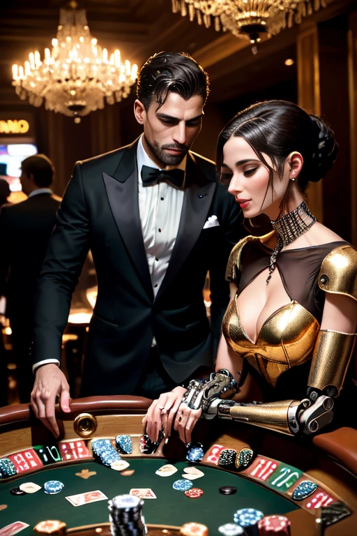 (elegant casino), (best quality, 4k, 8k, highres, masterpiece:1.2), ultra-detailed, (realistic, photorealistic, photo-realistic:1.37), glimmering lights, exquisite details, expensive champagne, gentlemen in tailored black tuxedos, classic bowties, gentlemen in sleek black tuxedos, top hats, women in opulent and glamorous dresses, sparkling diamonds and precious gemstones, men confidently playing poker, women elegantly throwing dice, roulette wheels spinning gracefully, anthropomorphic cyborgs blending seamlessly, subtle enhancements, futuristic enhancements, gold-plated cyborg arms, subtly glowing cybernetic implants, confident and composed cyborgs with human features, seamless integration of artificial and natural elements, subtle metallic accents, harmonious symphony of human and machine, whispers of conversations and laughter, sophisticated ambiance, rich and velvety textures, artistically decorated walls, grand chandeliers casting a warm glow, smooth jazz music filling the air, hint of cigar smoke, mysterious and enigmatic atmosphere, dark yet welcoming, hidden secrets behind the scenes, high society meeting in whispers, whirling emotions hidden beneath composed facades, gentle murmurs of excitement and anticipation, elegant gestures and thrilling suspense, alluring and intoxicating night.