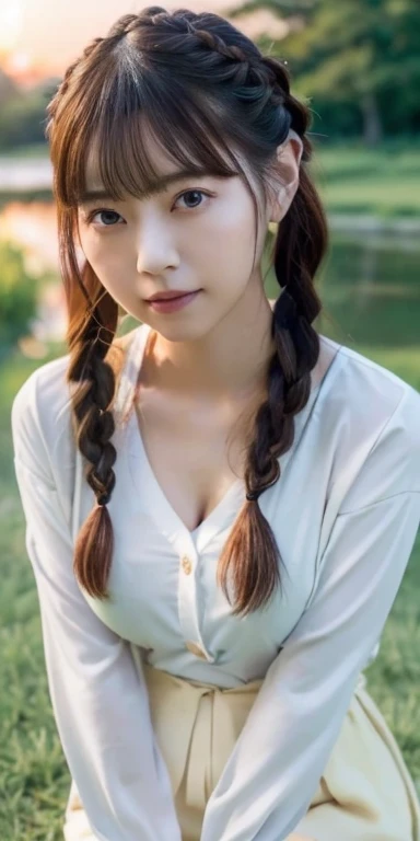 1 Japanese female, 30 years old, Very beautiful, (very cute), (Very detailed美しい顔), Great face and eyes,(Flower Hair Ornaments,Braided top knot,Twisted Side Part Ponytail Braided Headband,Half Up、Braided Space Van,Voluminous fishtail braid,Twisted pan),(Asymmetrical bangs),, My eyes got a little brighter, Dolly makeup with red around the eyes, (Tight white see-through blouse)、(Loose knit cardigan(Cream:1.2))、(Micro Mini Skirt(Light blue)), (highest quality:1.4), (Very detailed), Very detailed CG 統合 8k 壁紙, Surreal, (Photorealistic:1.4), Raw photo, Professional photography, Cinema Lighting, Realistic portraits,  (Depth of written boundary:1.4), (View Photographer:1.3), (In a park with a pond),Chubby beauty、 (Large Breasts:1.4)、Deep cleavage、(Voluptuous thighs)、 (Whole Body Ezbian), Accurate Eyes, Beautiful mouth, (Keep your mouth completely closed), (evening:1.3), (Looking at the camera), (Amazing sunset:1.25), A smile that makes people happy、A photo showing you from head to knees