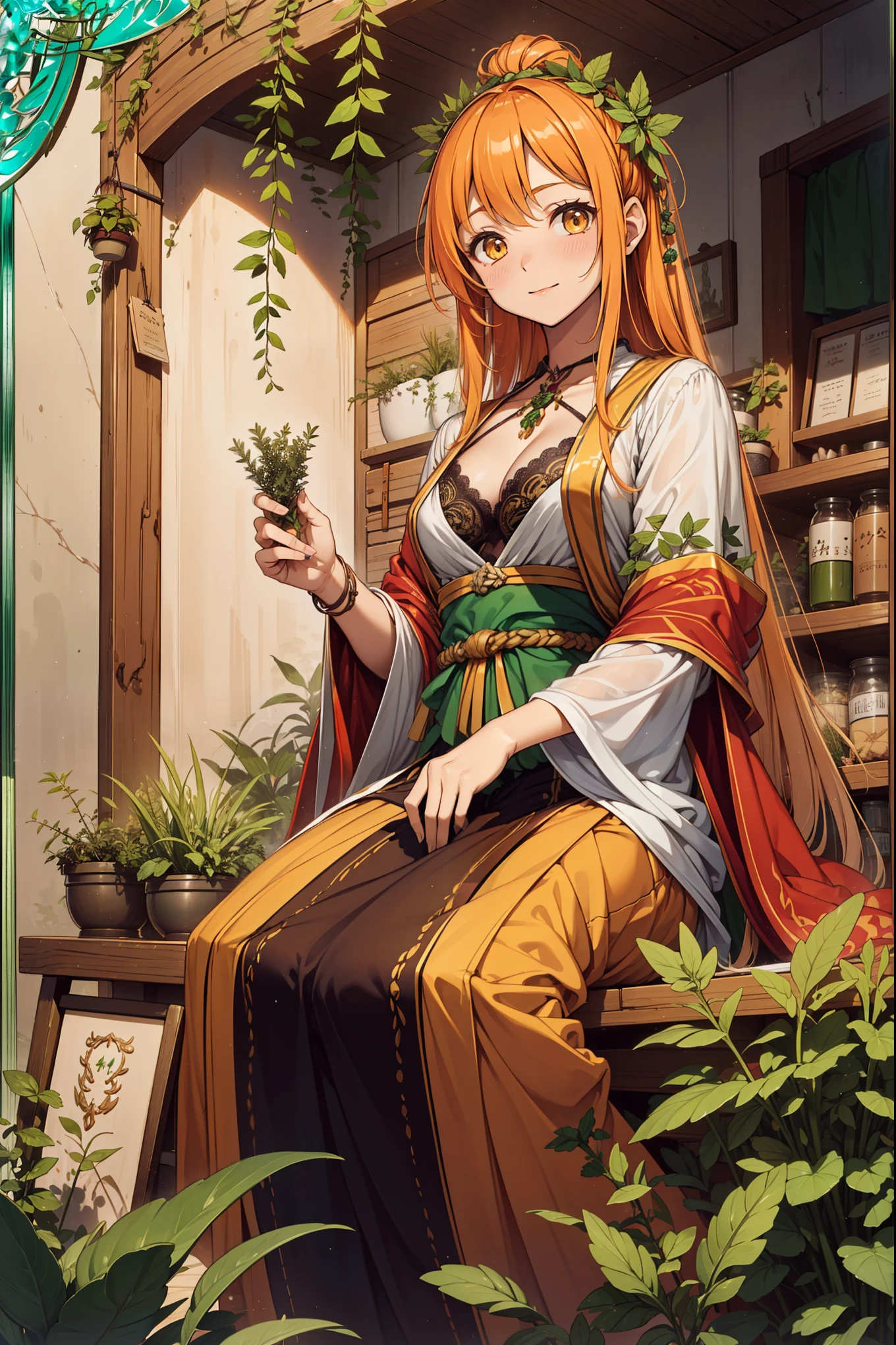 (Best quality, A high resolution, Textured skin, High quality, High details, High details,Extremely detailed CG unity), Enchanted,having fun,Being in love,herbalist in fantasy world, orange hair, brown eyes, very long hair, a lot of hair, hair decoration, exquisite costumes,solo person, A small amount of lace,Dazzle, woman, beautiful, (herbalist), female cosmetologist, (sophisticated herb shop), (in luxurious herb shop), expensive herb, herb plants everywhere, colorful herbs, royal herbs, rosemary, thyme, mint, cilantro, oregano, marjoram, basil plants