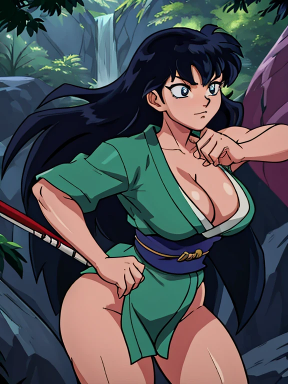 masterpiece, best quality, Kagome Higurashi, 25 years old, matured face, beautiful detailed eyes, ultra detailed eyes, extremely detailed face, large breasts, cleavage, very busty, big hips, strong muscles, athletic physique, She stands tall while wearing a short green kimono. she's looking directly at the camera with an confident smirk. Her gaze is both alluring and fierce as she is in a fighting stance. cowboy shot, Perfect Anatomy,(Professional Lighting), 4k textures, epic artistic, sharp focus, even lighting, insane details, intricate details, hyperdetailed, rich colors, BREAK Outdoors, forest, Japanese architecture in the background
