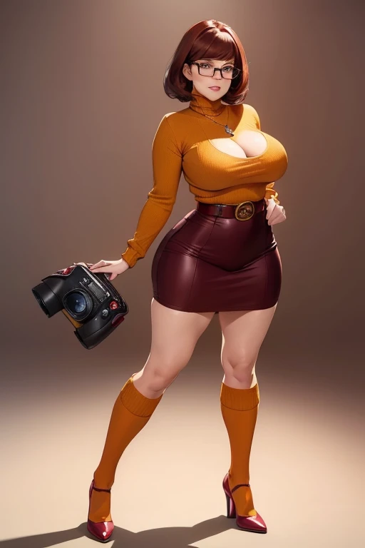 ((masterpiece, best quality, ultra-detailed, ultra-HD, photorealistic, cinematic)), (wide camera shot, full body view:1.5), (sensual pose, standing), (alluring and voluptuous female as Velma Dinkley:1.2), perfect anatomy, perfect face, proportioned hands, (deep shade of auburn with a slight natural wave hair color, chin-length bob with blunt bangs hairstyle:1.3), (retro-chic style outfit, knee-length and maroon turtleneck dress:1.2), (a matching maroon belt that cinches at her waist:1.2), (thick-framed black square glasses), (wears knee-high, mustard-yellow socks that peek out just above her brown, sensible lace-up shoes), (sports a delicate, gold pendant necklace), (vibrant orange cardigan slung over her shoulders), ((dynamic background))