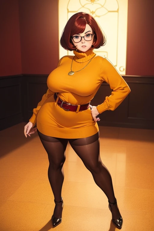 ((masterpiece, best quality, ultra-detailed, ultra-HD, photorealistic, cinematic)), (wide camera shot, full body view:1.5), (sensual pose, standing), (alluring and voluptuous female as Velma Dinkley:1.2), perfect anatomy, perfect face, proportioned hands, (deep shade of auburn with a slight natural wave hair color, chin-length bob with blunt bangs hairstyle:1.3), (retro-chic style outfit, knee-length and maroon turtleneck dress:1.2), (a matching maroon belt that cinches at her waist:1.2), (thick-framed black square glasses), (wears knee-high, mustard-yellow socks that peek out just above her brown, sensible lace-up shoes), (sports a delicate, gold pendant necklace), (vibrant orange cardigan slung over her shoulders), ((dynamic background))