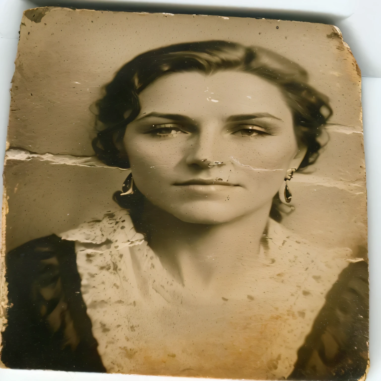 arafed Photograph of a woman with a black dress and earrings, damOld photo, grainy damOld photo, Old photo, Very old photo, unknown place, Old tin type, Photograph of a woman, Portrait of a woman's face, vintage closeup photograph, Vintage Photo, Mysterious portrait of a woman, Old photo, realistic Old photograph, Very old, World War II era photography,nose,Face