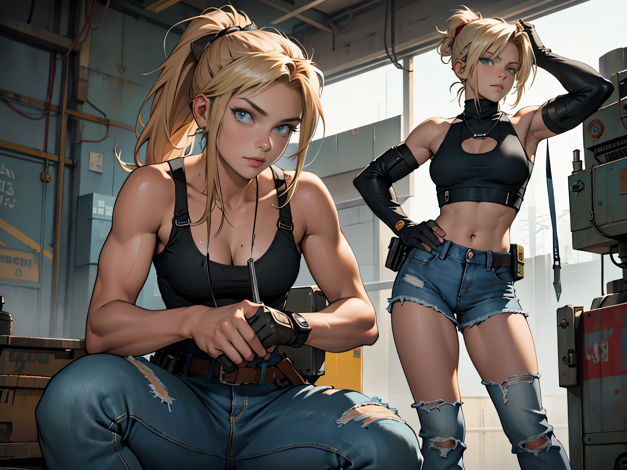 detailed, perfect anatomy, female engineer girl, mechanic girl, dirty tank top, green tank top,uniform, wrench, goggles,girl working on a robot solo focus, blue eyes, strawberry blonde hair, ponytail, denim jeans, repairing machines, look of concern, cyberpunk, futuristic, military vibes, diesel punk, indoors, welding, holding wrench, looking at viewer, muscle, toned woman, tomboy, in a futuristic military complex, police department, small jet fighter, white walls, ((BEST QUALITY)), high quality, big eyes, laying down, clean military base, winry rockbell