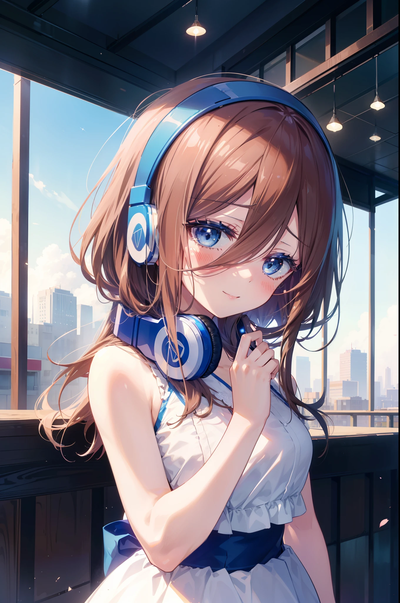 Miku Nakano, Miku Nakano, Long Hair, bangs, blue eyes, Brown Hair, Blue Hairband ,Hair between the eyes, Headphones around neck,smile,blush,White sleeveless dress,Bare shoulders,Bare arms,Long skirt,Cute Sandals,Daytime,Clear skies,happy smile, smile, Open your mouth,whole bodyがイラストに入るように,上から下へ覗いてる
break outdoors, In town,Building district,
break looking at viewer,whole body, (Cowboy Shot:1. 5)
break (masterpiece:1.2), highest quality, High resolution, unity 8k wallpaper, (figure:0.8), (Beautiful fine details:1.6), Highly detailed face, Perfect lighting, Highly detailed CG, (Perfect hands, Perfect Anatomy),