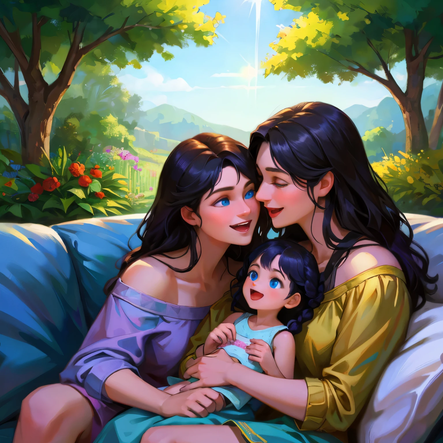 (best quality,4k,highres),detailed features,black hair,long and neatly braided hair,bright blue eyes,expressive eyes,confident and mature figure,engaging with a  or family,warm and nurturing motherly setting,connecting with the  emotionally,in a loving and caring environment,vibrant colors,soft lighting,emotional bond between the characters,sunlit garden or cozy living room,joyful and heartwarming atmosphere,emphasizing the bond of love and care,family activities,laughing and playing together,sharing tender moments,family portraits,happy expressions on faces,authentic and natural poses,beautifully composed scene,professional photography,life-like,realistic,rich textures,attention to minute details,stunning and visually appealing,portrait style art,realistic and artistic interpretation,emphasizing the beauty and warmth of family relationships,celebrating the essence of togetherness.