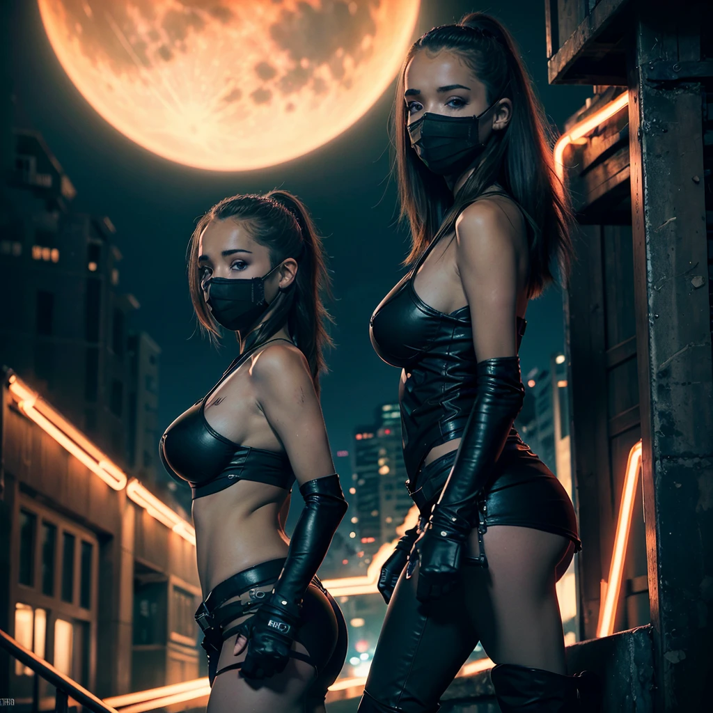 (best quality,4k,highres:1.2),ultra-detailed,realistic,ninja,female,sexy,cityscape,night,stealthy,sneaking,hidden,weaponry,leather outfit,masked face,confident,agile,athletic,mysterious,shadows,dark alleyways,hiding in plain sight,ready to strike,cat-like reflexes,sharp weapons,assassin,dangerous,breathtakingly beautiful,silhouettes,movement,urban landscapes,moonlit sky,intense gaze,vibrant colors,neon lights