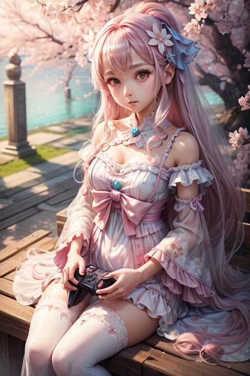 "((Charming)) Gijinka Girl, ((PlayStation 5-inspired costume)), cherry blossom backdrop, ((ethereal atmosphere)), ((soft pastel hues)), detailed painting, ((captivating gaze)), masterpiece