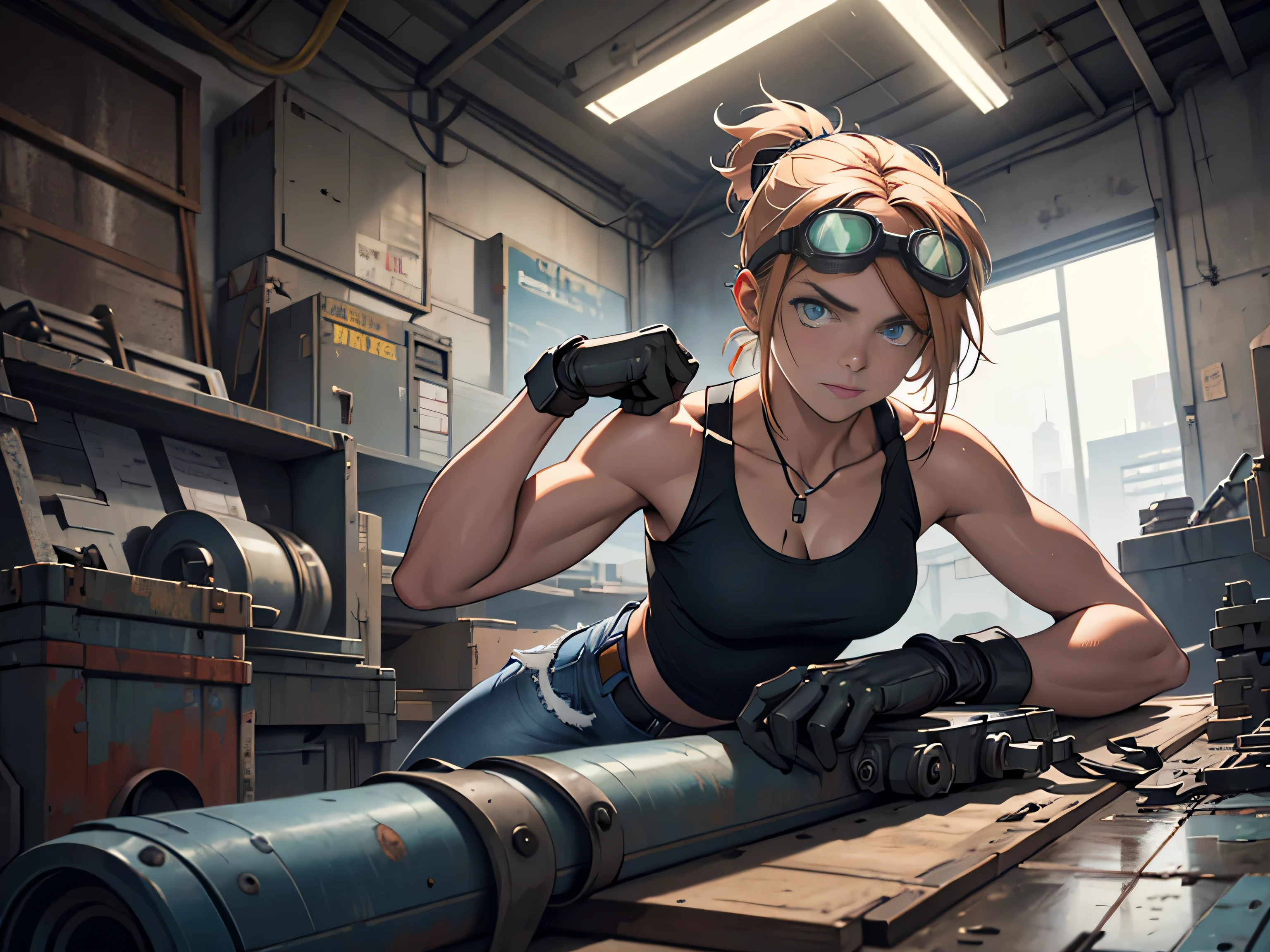 detailed, perfect anatomy, female engineer girl, mechanic girl, dirty tank top, green tank top,uniform, wrench, goggles,girl working on a robot solo focus, blue eyes, strawberry blonde hair, ponytail, denim jeans, repairing machines, look of concern, cyberpunk, futuristic, military vibes, diesel punk, indoors, welding, holding wrench, looking at viewer, muscle, toned woman, tomboy, in a futuristic military complex, police department, small jet fighter, white walls, ((BEST QUALITY)), high quality, big eyes, laying down, clean military base