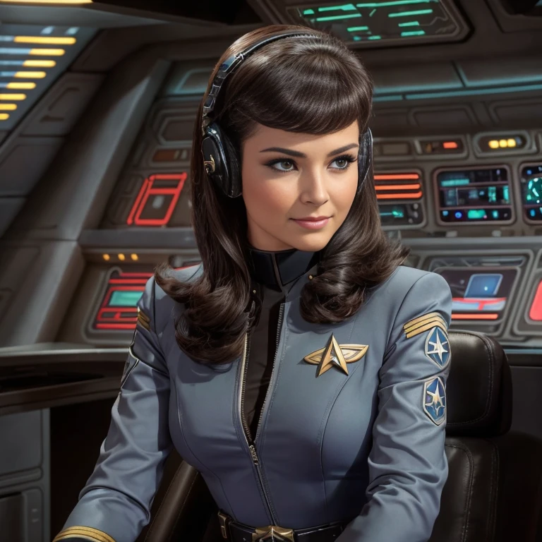 Female Starship Enterprise Officer sits in the command chair of her command station. Short tight uniform dress with deep V-neck, ((Starship Enterprise insignia on the chest: 1.3)), communicates with a headset, make up, boots, painted fingernails, (phaser weapon on a belt: 1.2), cheeky uniform, (Starship Enterprise Bridge: 1.4), ((Legs crossed: 1.5)) (Full Person: 1.4), Strong Make Up, long lashes, shiny pantyhose
