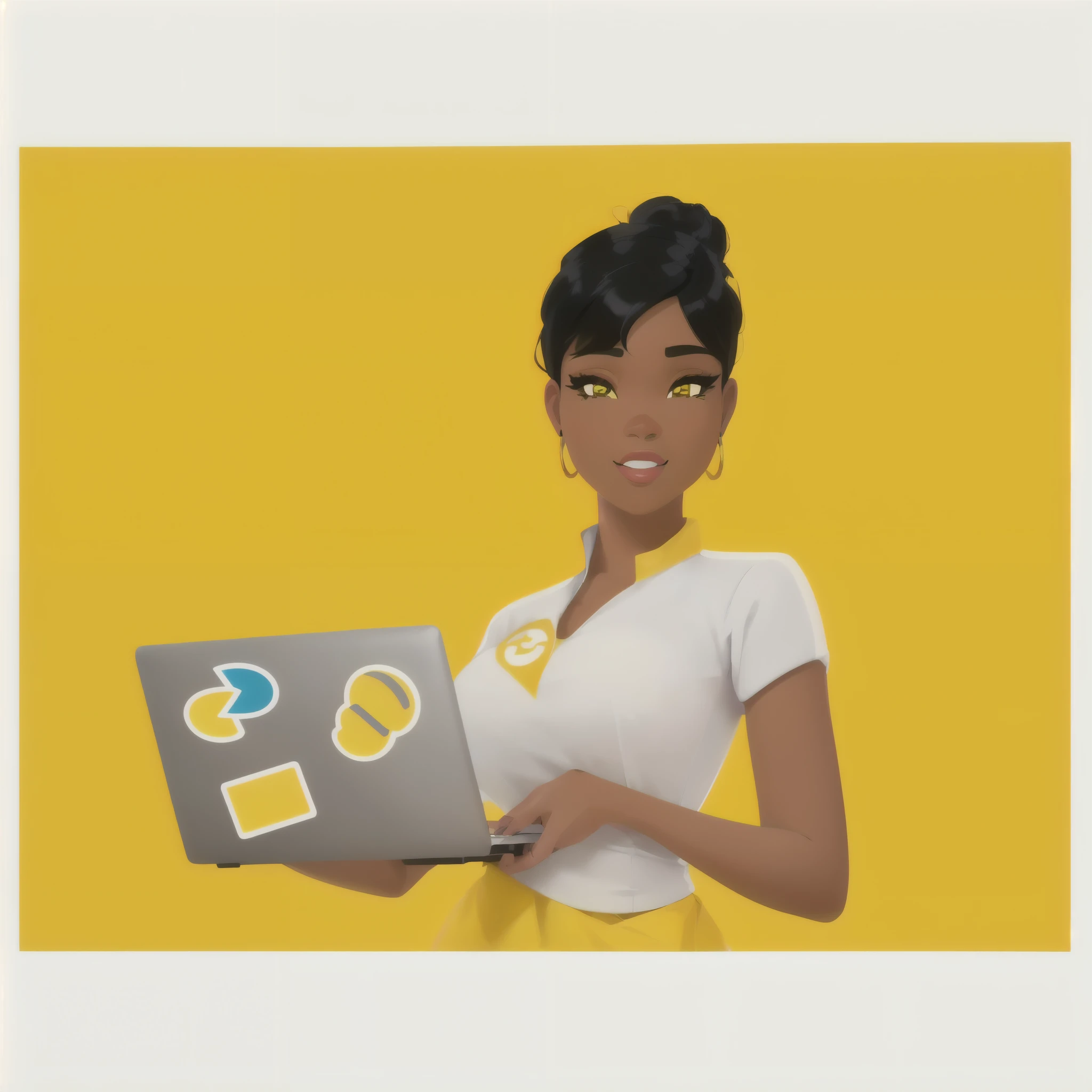 cartoon woman holding a laptop with a yellow background, avatar for website, official illustration, proffesional illustration, ad image, advertising photo, official art, by Ella Guru, created in adobe illustrator, your personal data avatar, official artwork, by Chinwe Chukwuogo-Roy, digital illustration -, professional illustration, avatar image, commercial illustration, illustration”