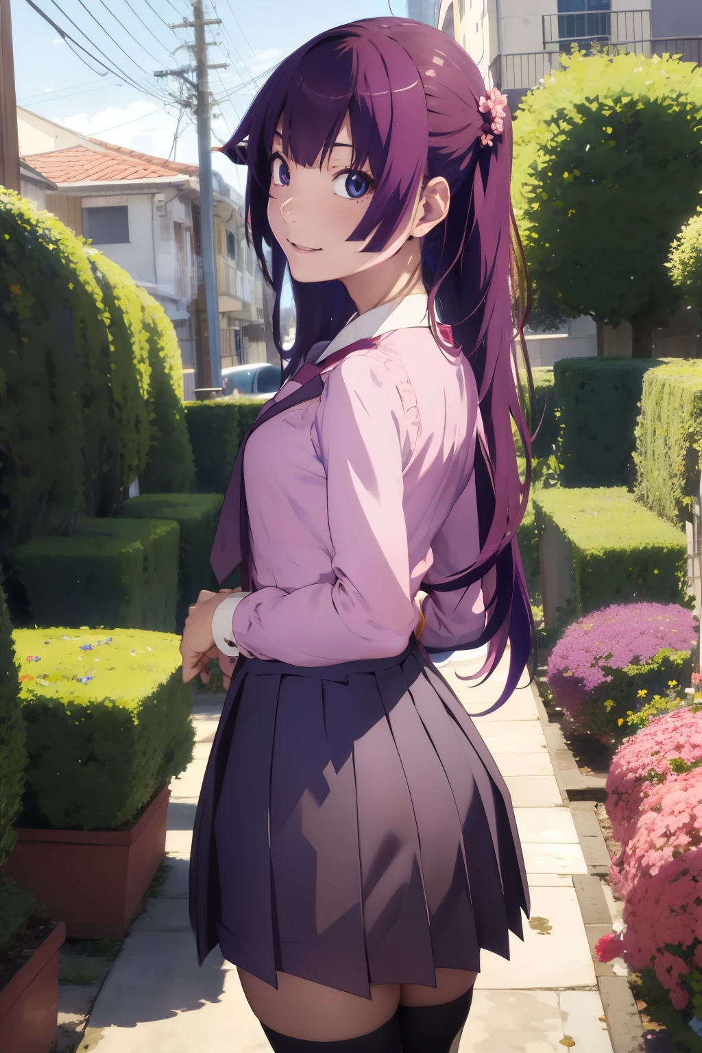 masterpiece, highest quality, High resolution, Detailed face, Face Focus, Anime Coloring,
garden, Flowers, Cowboy Shot, smile, Dawn,
One girl, alone, View your viewers, lean forward, Put your hands behind your back, 
hitagisenjougahara, Long Hair,  Medium chest, bangs, Senjougahara Hitagi,
Knee socks, Long sleeve, Pink Shirt, , Pleated skirt, tie, Puffy sleeves, black Knee socks, zettai ryouiki, Juliet Sleeve, naoetsu high 