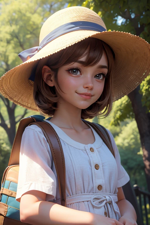 Obra maestra, mejor calidad, high resolution, extremadamente detallado, antecedentes detallados, cinematic lighting, 1 chica, mirando al espectador, parque, vestido blanco, sombrero para el sol, sonrisa, wearing  mochila randoseru, (mochila randoseru:1.0), de pie