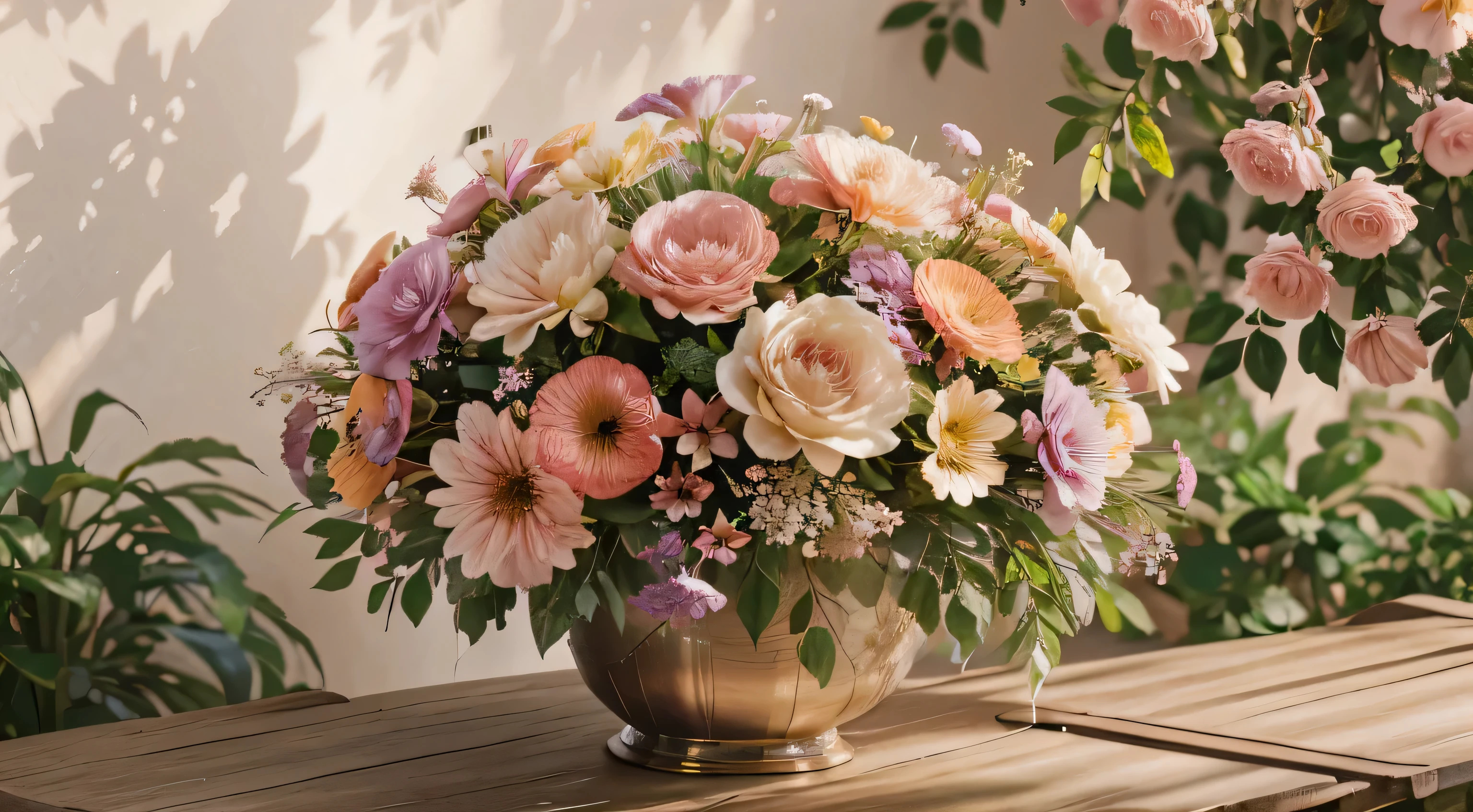 (highres,realistic:1.2),vibrant flowers,blossoming garden,natural sunlight,botanical illustration,beautiful detailed petals,colorful floral arrangement,fragrant blooms,subtle shadows,soft focus,ethereal atmosphere,delicate stems and leaves,gorgeous pastel hues,impressionist brushstrokes.