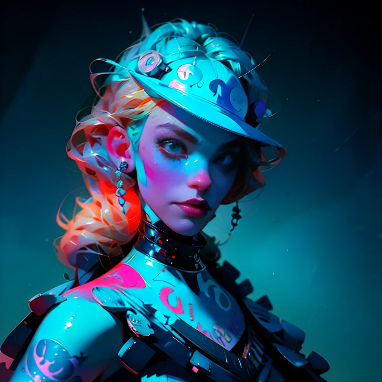 a woman with tattoos and a top hat, cyberpunk comic cover art, police uniform, sona, necro, punk , mischievous, portrait of harley quinn, techno artwork, black and cyan color scheme, a sexy blonde warrior, gogo : :, pastel artwork, beautiful android woman, police, art »
