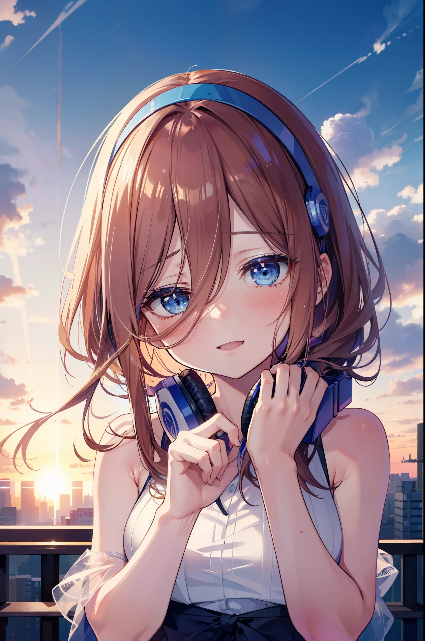 Miku Nakano, Miku Nakano, Long Hair, bangs, blue eyes, Brown Hair, Blue Hairband ,Hair between the eyes, Headphones around neck,smile,blush,White sleeveless dress,Bare shoulders,Bare arms,Long skirt,Cute Sandals,Daytime,Clear skies,happy smile, smile, Open your mouth,whole bodyがイラストに入るように,上から下へ覗いてる
break outdoors, In town,Building district,
break looking at viewer,whole body, (Cowboy Shot:1. 5)
break (masterpiece:1.2), highest quality, High resolution, unity 8k wallpaper, (figure:0.8), (Beautiful fine details:1.6), Highly detailed face, Perfect lighting, Highly detailed CG, (Perfect hands, Perfect Anatomy),