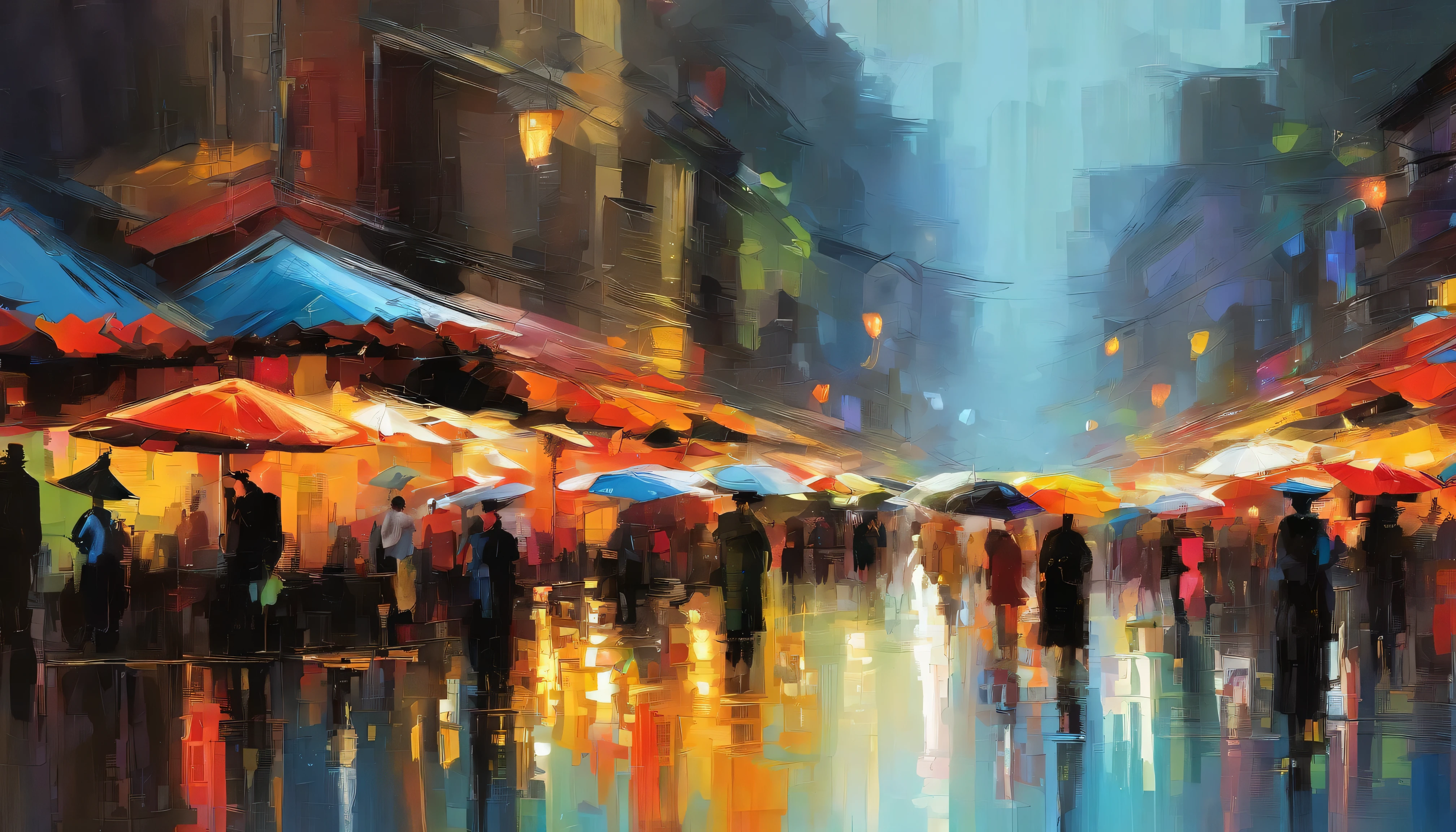 Daytime from Beijing Guomao, rainy season, Large colorful umbrellas at the night market, People are buying and selling, In the distance is the skyline of the city buildings,There are rivers running through,Masterpiece oil painting, Drawing by Mark Lague.