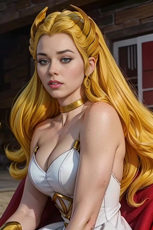 score_9, score_8_up, score_7_up, score_6_up, score_5_up, 1girl, She-Ra, Game of Thrones, tight white dress, cleavage, blonde hair, blue eyes, (insanely detailed, beautiful detailed face, masterpiece, best quality) 