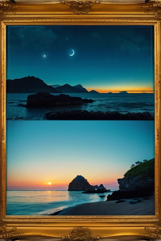 (highest quality,8k,High resolution, masterpiece:1.2), Very detailed, High resolution, 超High resolution, Studio Lighting, Ultra-fine painting, Sharp focus, Physically Based Rendering, Very detailed説明, Professional, Vibrant colors, Portraiture, Concept Artist, Warm color palette, Dramatic lighting,Beautiful coast, Midnight,Blue moon on the horizon, At the beach, Beautiful ripples, Vision, 星I can see, Overall blue landscape, blue coast, unmanned, Some islands in the distance々I can see,Beautiful coast, Before Dawn, Full moon on the horizon, At the beach, Beautiful ripples, Vision, 星I can see, Overall blue landscape, blue coast, unmanned, Some islands in the distance々I can see,(Oil painting style),