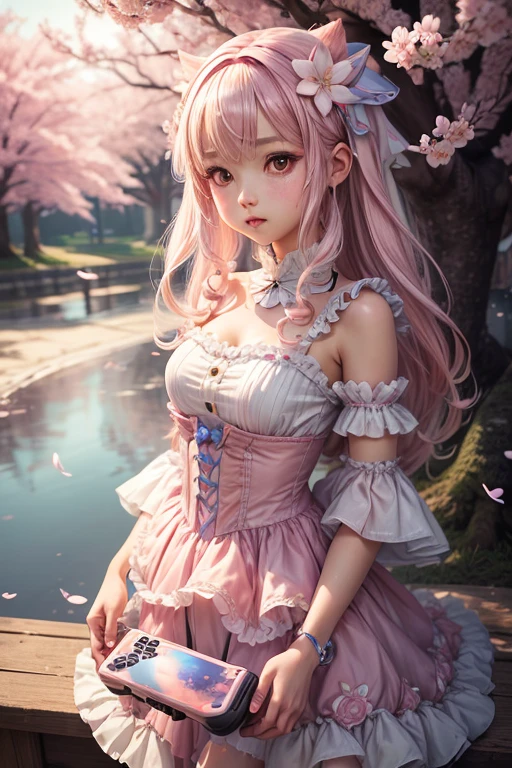 "((Charming)) Gijinka Girl, ((PlayStation 5-inspired costume)), cherry blossom backdrop, ((ethereal atmosphere)), ((soft pastel hues)), detailed painting, ((captivating gaze)), masterpiece