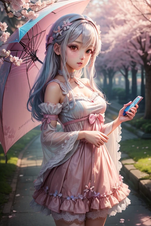 "((Charming)) Gijinka Girl, ((PlayStation 5-inspired costume)), cherry blossom backdrop, ((ethereal atmosphere)), ((soft pastel hues)), detailed painting, ((captivating gaze)), masterpiece
