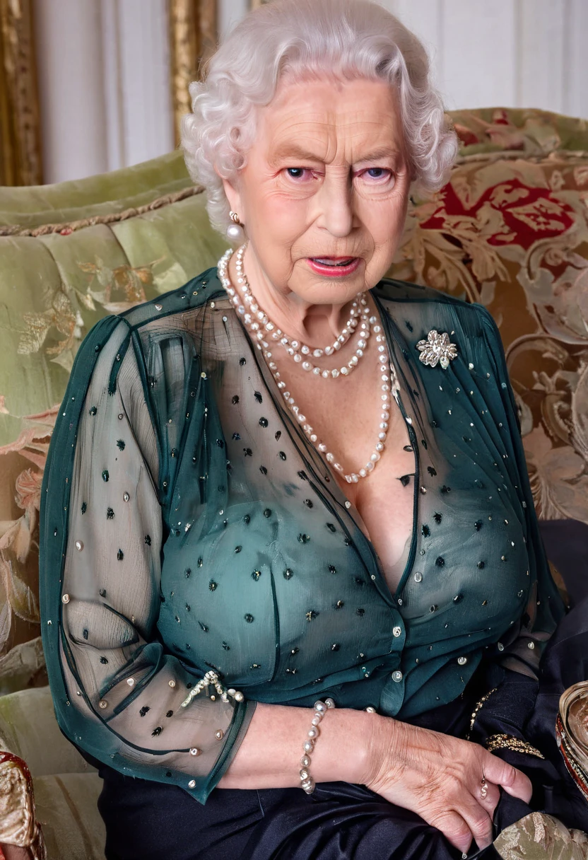 (busty breast), (queen elizabeth 80yo sitting on sofa) (chiffon sheer green blouse and black skirt:1.3), cleavage, pearls