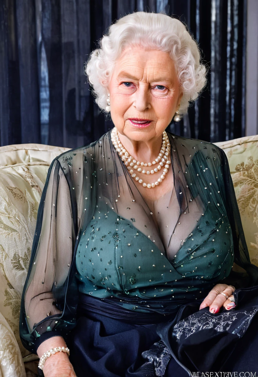 (busty breast), (queen elizabeth 80yo sitting on sofa) (chiffon sheer green blouse and black skirt:1.3), cleavage, pearls