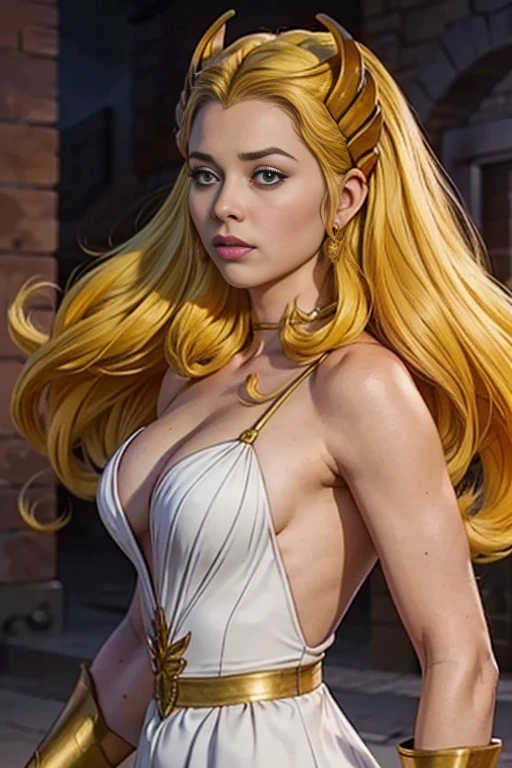 score_9, score_8_up, score_7_up, score_6_up, score_5_up, 1girl, She-Ra, Game of Thrones, tight white dress, cleavage, blonde hair, blue eyes, (insanely detailed, beautiful detailed face, masterpiece, best quality) 