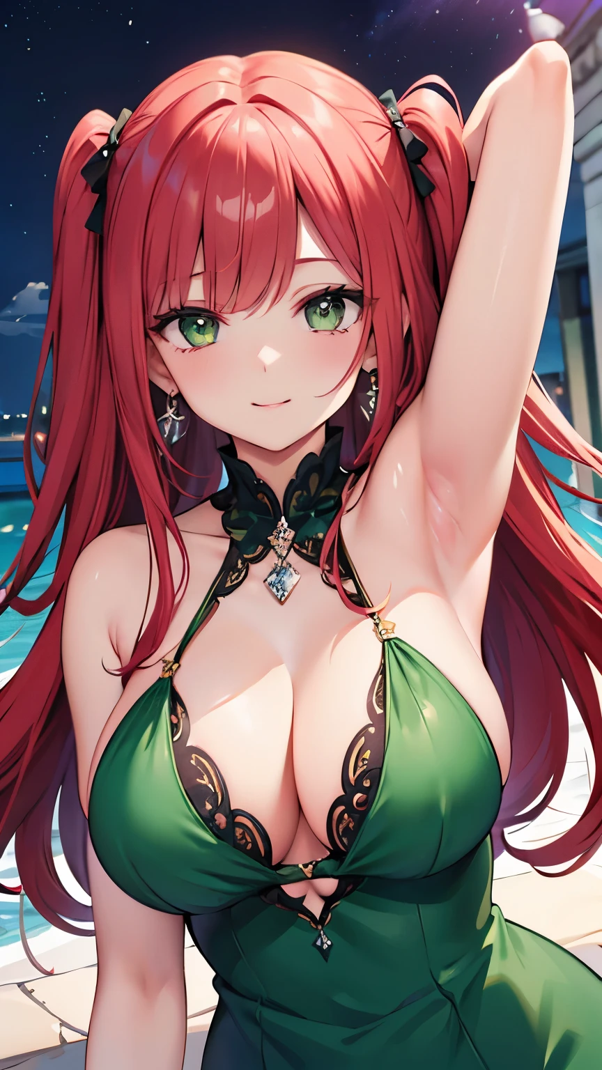 ((best quality)), ((masterpiece)), (detailed), perfect face, (best quality), (detailed skin), (intricate details), party, ball gown, ((green dress)), plunging neckline, green emerald necklace, earrings, bewitching smile, (hair two side up, red hair), terrace seats at night, armpits