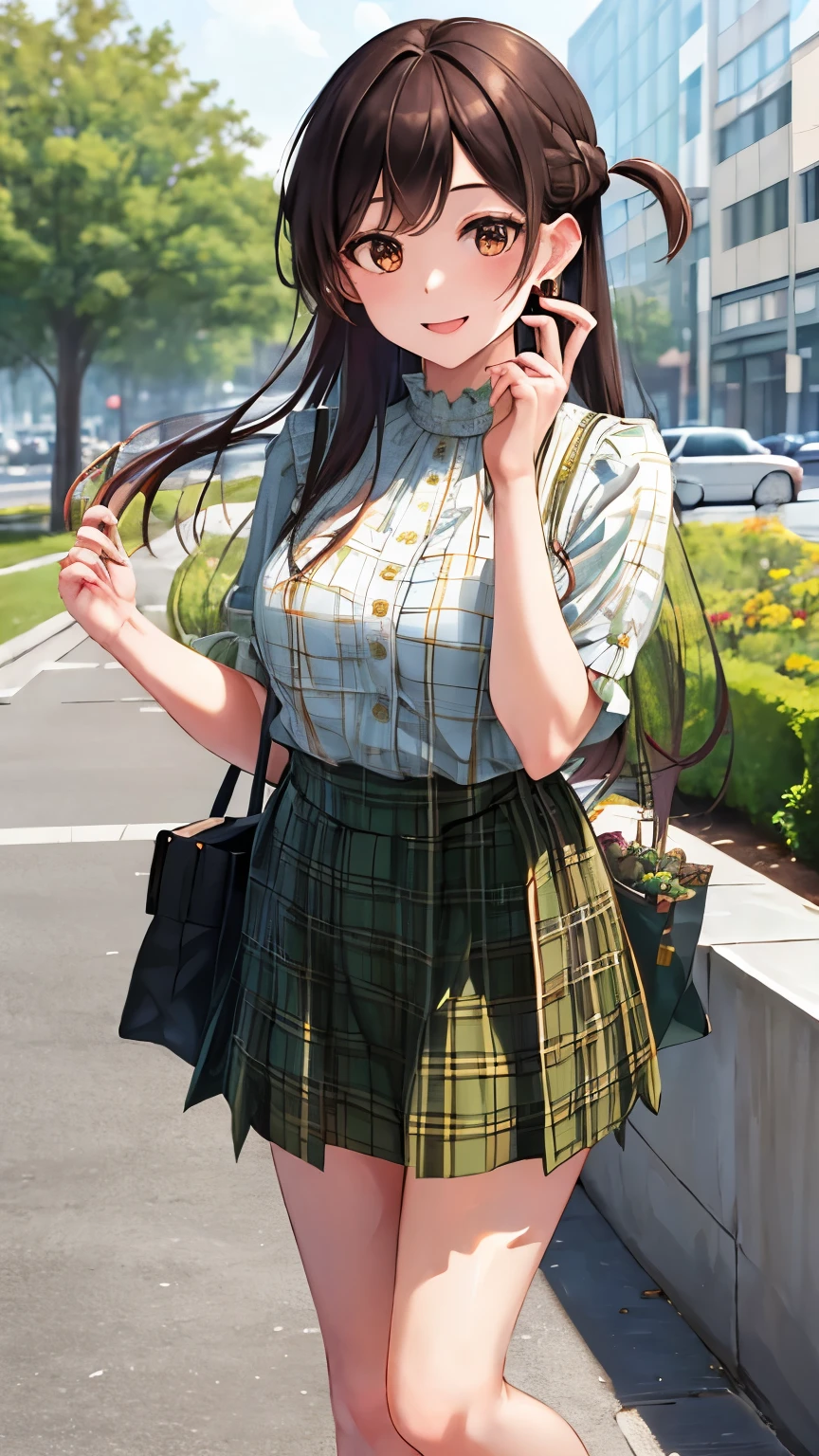 masterpiece, best quality, highres, chi1, 1girl, long hair, braid, one side up, solo, high neck plain white blouse, green plaid skirt knee length, bangs, outdoors, smile, earrings, holding a bag