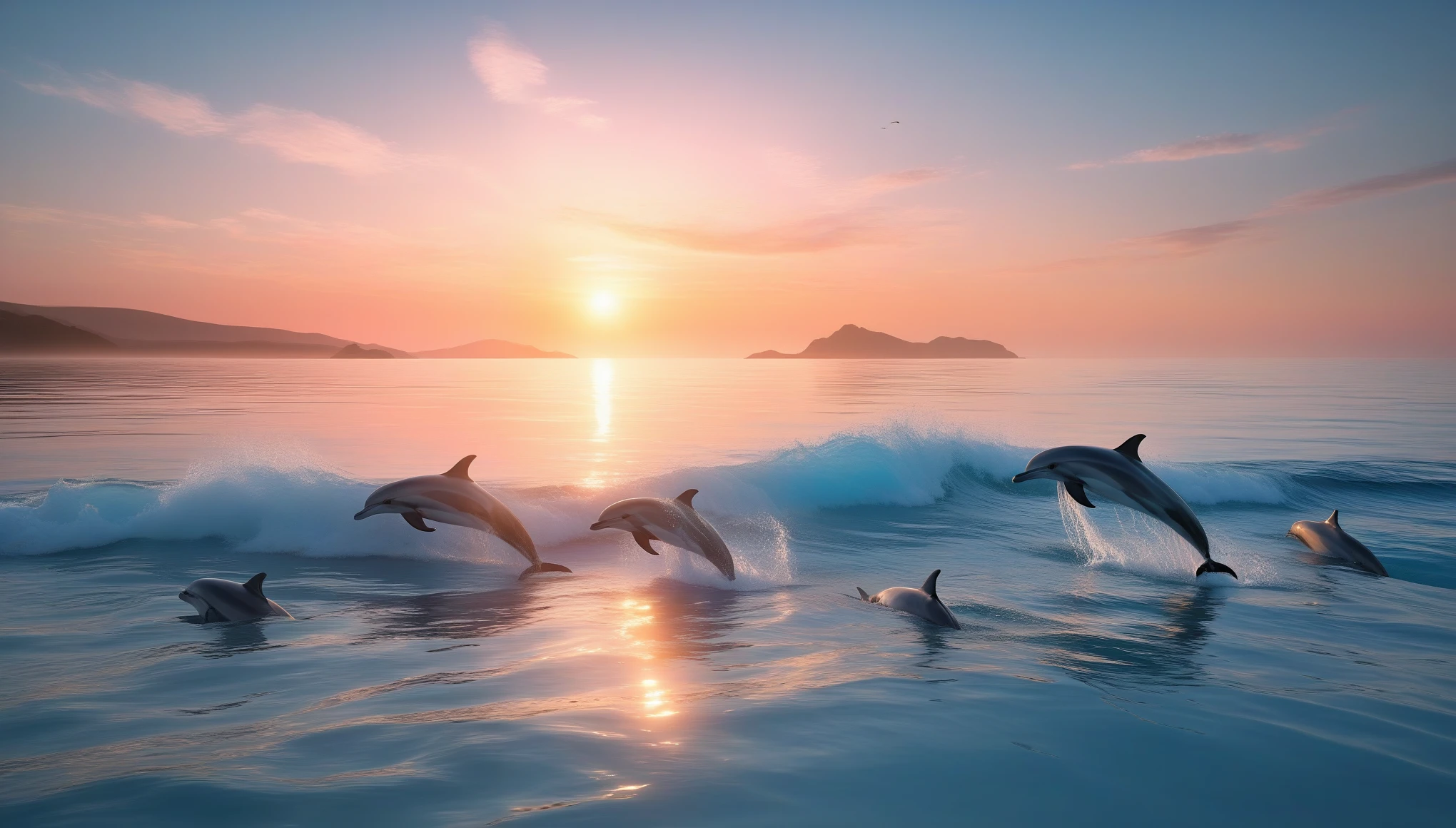 A landscape depicting a calm morning on the Blue Coast, with the sunrise light reflecting on the sea surface and a pod of dolphins actively bouncing around. The images convey new beginnings and the beauty of nature, giving the viewer a sense of hope and calm. The colors are pale blue, cream, and morning pink and orange. ((Masterpiece)), ((Best Quality)), (Very Detailed), (Very Detailed)), 4K, (8K), Best Quality, absurdres, highres,
