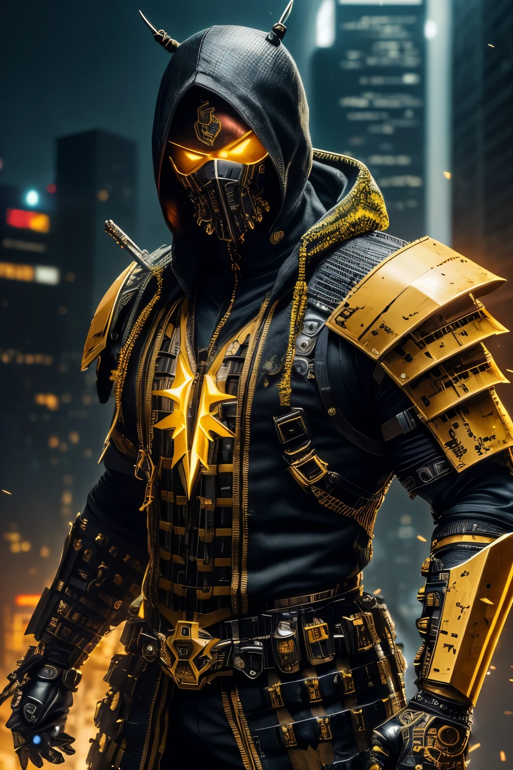 (extremely detailed 8k wallpaper), a medium shot photo of yellow cyberpunk Grim dressed as a  ninja in an armour made of metal from marvel, horror theme, intricate, high detail, dramatic