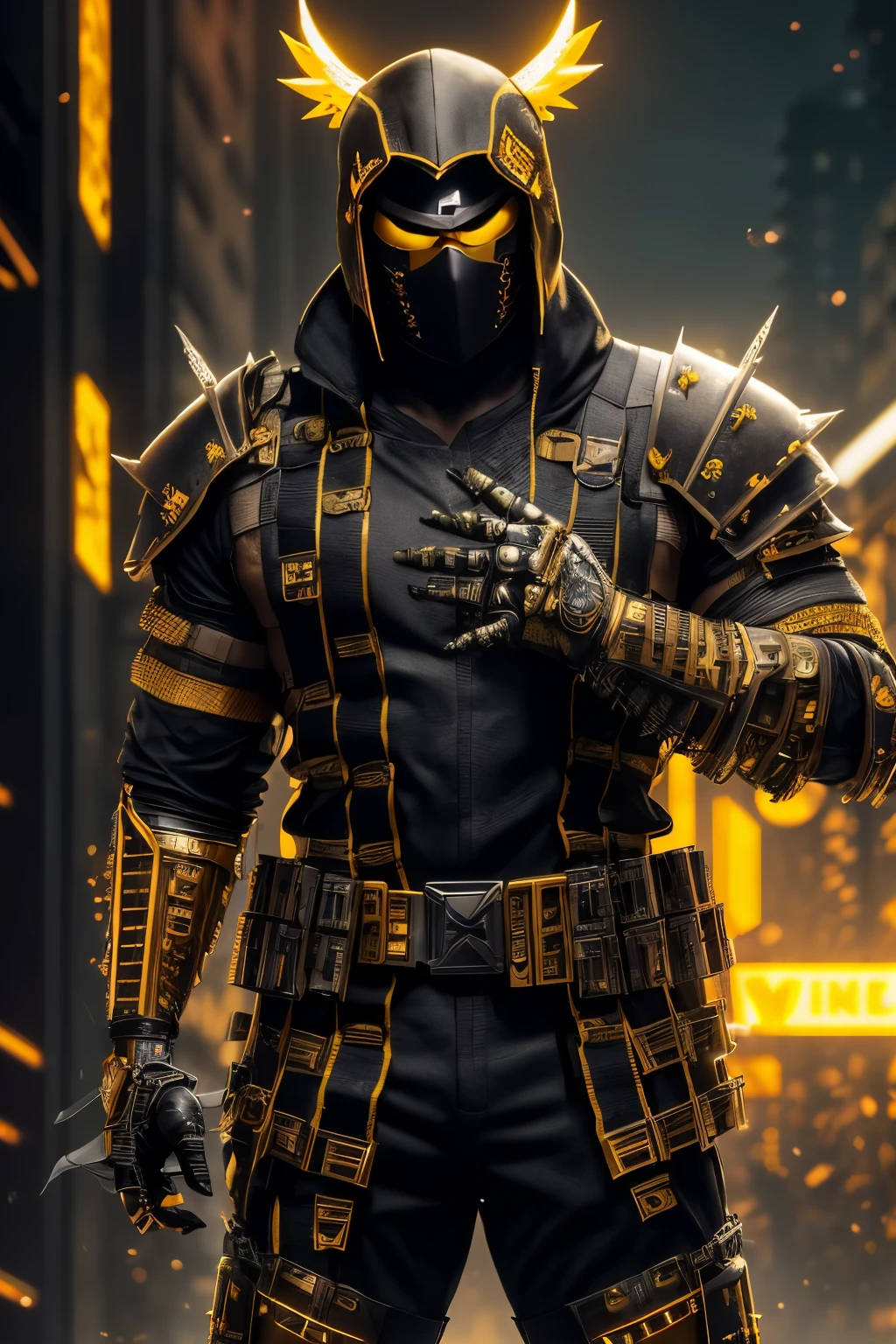 (extremely detailed 8k wallpaper), a medium shot photo of yellow cyberpunk Grim dressed as a masked ninja in an armour made of metal from marvel, horror theme, intricate, high detail, dramatic