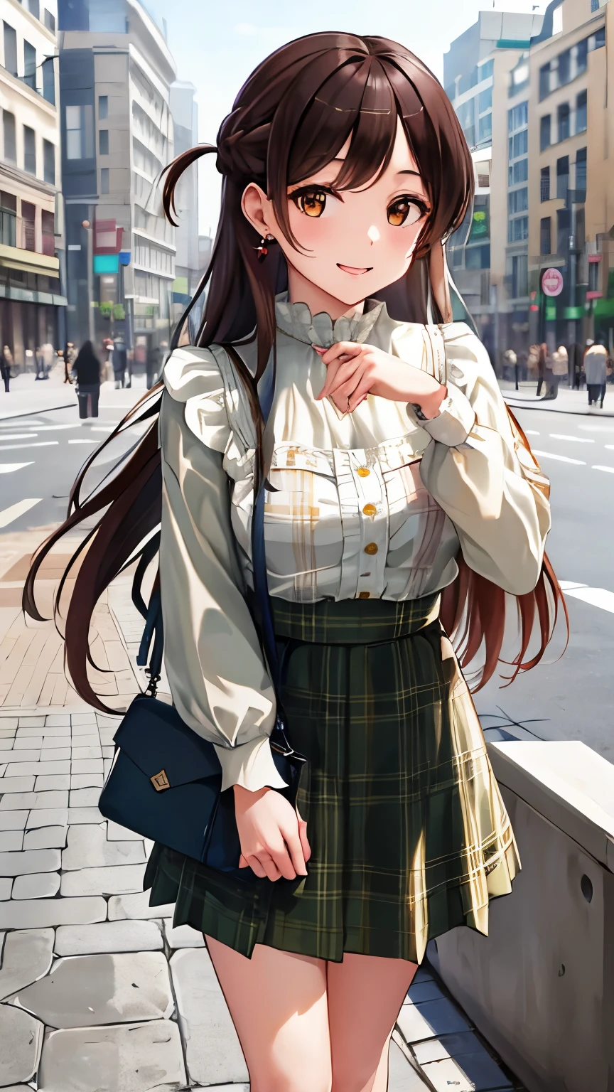 masterpiece, best quality, highres, chi1, 1girl, long hair, braid, one side up, solo, high neck plain white blouse, green plaid skirt knee length, bangs, outdoors, smile, earrings, holding a bag