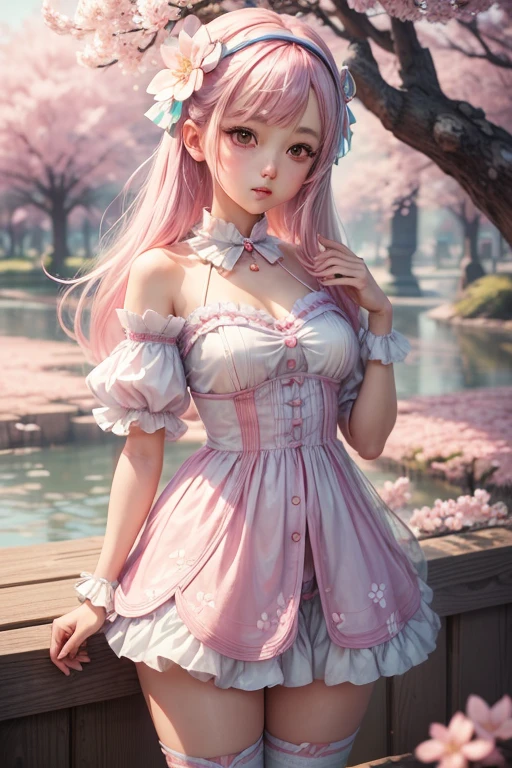 "((Charming)) Gijinka Girl, ((PlayStation 5-inspired costume)), cherry blossom backdrop, ((ethereal atmosphere)), ((soft pastel hues)), detailed painting, ((captivating gaze)), masterpiece