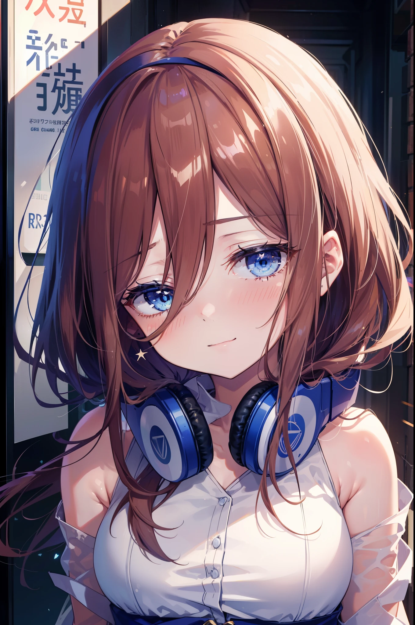 Miku Nakano, Miku Nakano, Long Hair, bangs, blue eyes, Brown Hair, Blue Hairband ,Hair between the eyes, Headphones around neck,smile,blush,White sleeveless dress,Bare shoulders,Bare arms,Long skirt,Cute Sandals,Daytime,Clear skies,happy smile, smile, Open your mouth,whole bodyがイラストに入るように,上から下へ覗いてる
break outdoors, In town,Building district,
break looking at viewer,whole body, (Cowboy Shot:1. 5)
break (masterpiece:1.2), highest quality, High resolution, unity 8k wallpaper, (figure:0.8), (Beautiful fine details:1.6), Highly detailed face, Perfect lighting, Highly detailed CG, (Perfect hands, Perfect Anatomy),