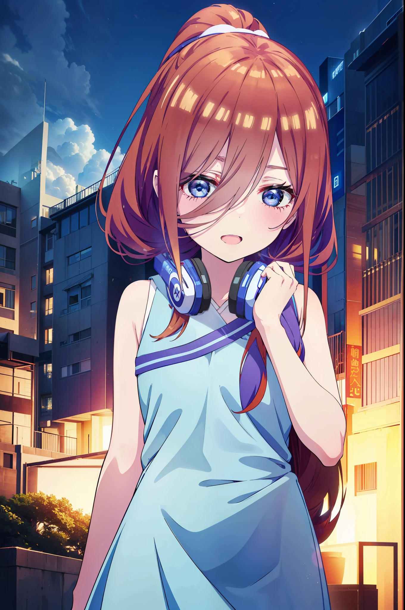 Miku Nakano, Miku Nakano, Long Hair, bangs, blue eyes, Brown Hair,ponytail,Blue Hairband ,Hair between the eyes, Headphones around neck,White sleeveless dress,Bare shoulders,Bare arms,Long skirt,Cute Sandals,Daytime,Clear skies,happy smile, smile, Open your mouth,So that the whole body goes into the illustration,Looking up from below,
break outdoors, In town,Building district,
break looking at viewer, (Cowboy Shot:1. 5)
break (masterpiece:1.2), highest quality, High resolution, unity 8k wallpaper, (figure:0.8), (Beautiful fine details:1.6), Highly detailed face, Perfect lighting, Highly detailed CG, (Perfect hands, Perfect Anatomy),